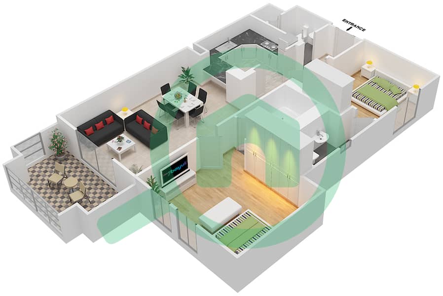 المخططات الطابقية لتصميم الوحدة 6 FLOOR 1-5 شقة 2 غرفة نوم - زعفران 3 Floor 1-5 interactive3D