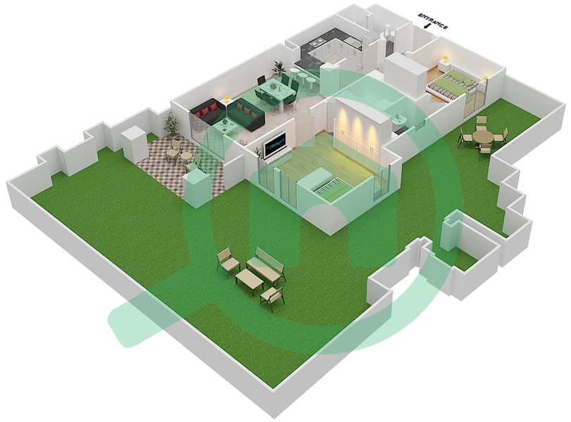 المخططات الطابقية لتصميم الوحدة 6 GROUND FLOOR شقة 2 غرفة نوم - زعفران 3 Ground Floor interactive3D