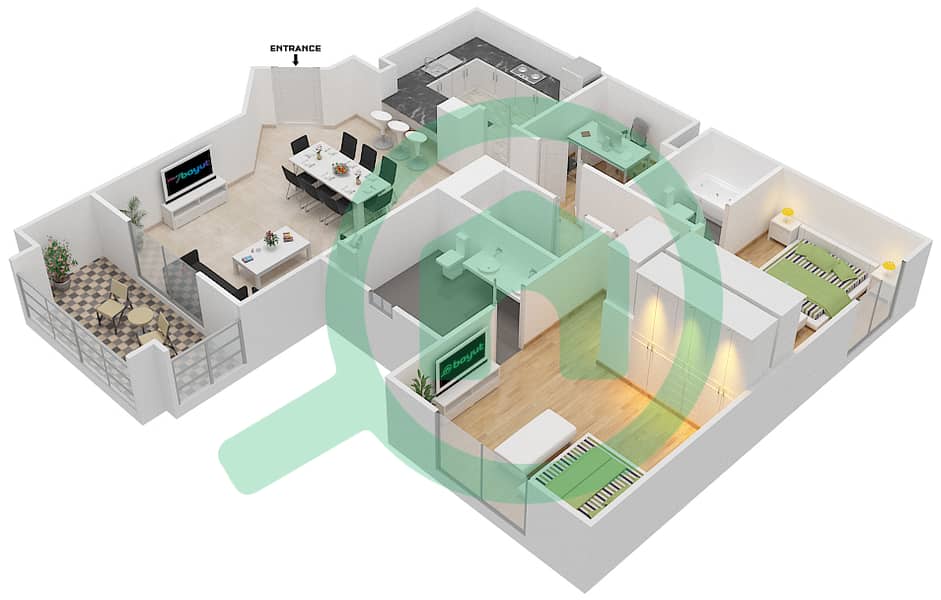 المخططات الطابقية لتصميم الوحدة 7 FLOOR 1-5 شقة 2 غرفة نوم - زعفران 3 Floor 1-5 interactive3D