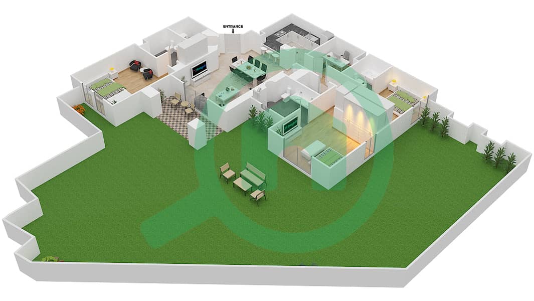 المخططات الطابقية لتصميم الوحدة 7 GROUND FLOOR شقة 3 غرف نوم - زعفران 3 Ground Floor interactive3D