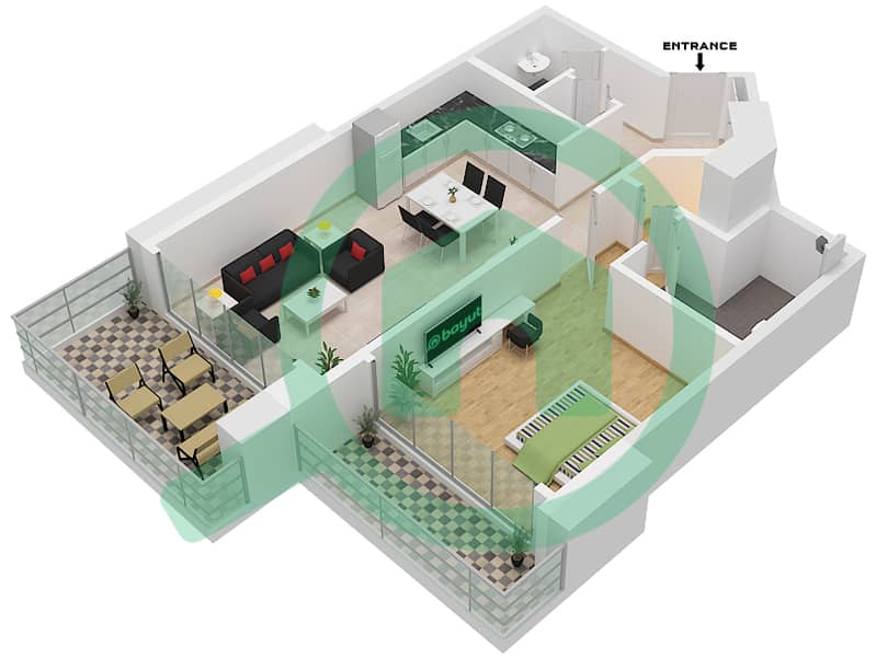 المخططات الطابقية لتصميم النموذج TYPE-C شقة 1 غرفة نوم - فندق إس إل إس دبي interactive3D