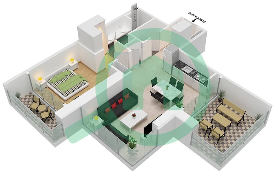 المخططات الطابقية لتصميم النموذج TYPE-E شقة 1 غرفة نوم - فندق إس إل إس دبي interactive3D
