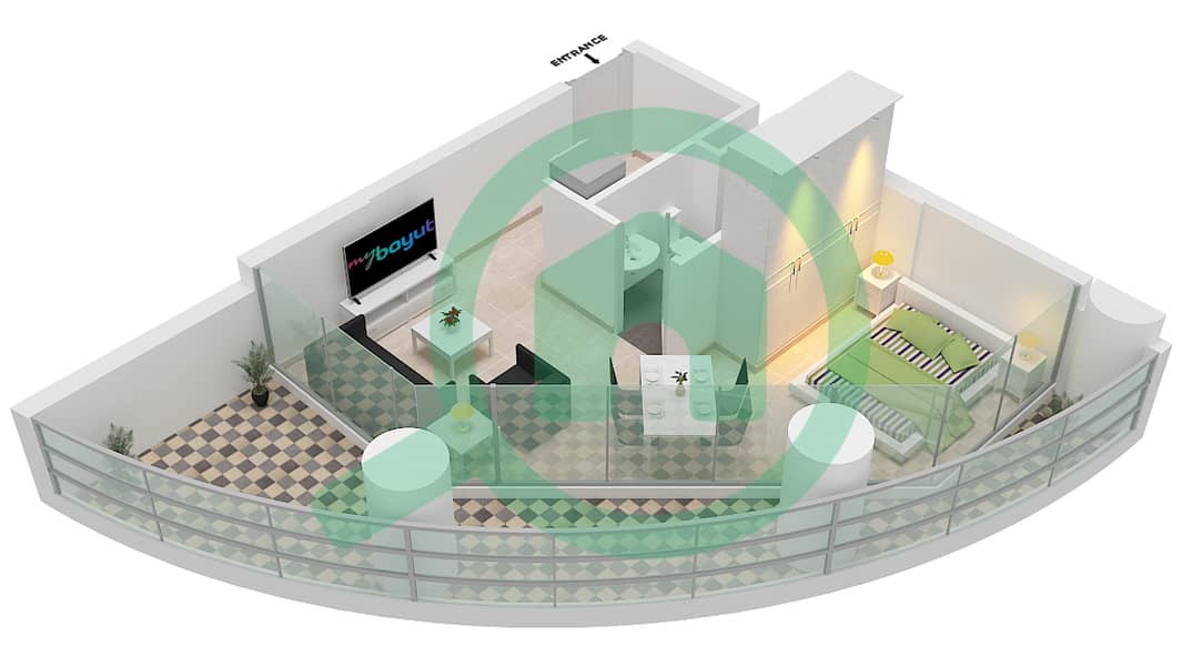 المخططات الطابقية لتصميم النموذج B شقة 1 غرفة نوم - الواحة ريزيدنس 2 interactive3D