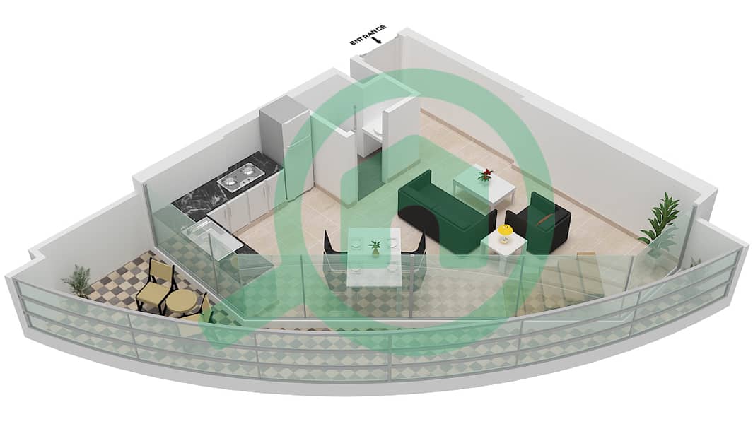 المخططات الطابقية لتصميم النموذج A شقة 1 غرفة نوم - الواحة ريزيدنس 2 Lower Floor interactive3D