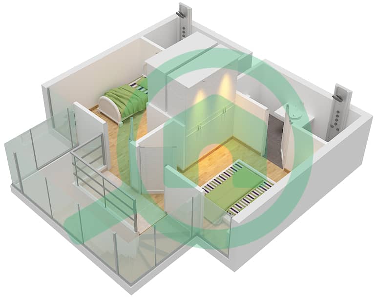 المخططات الطابقية لتصميم النموذج B شقة 2 غرفة نوم - الواحة ريزيدنس 2 Upper Floor interactive3D