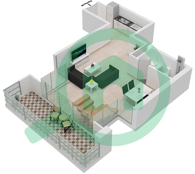 المخططات الطابقية لتصميم النموذج D شقة 2 غرفة نوم - الواحة ريزيدنس 2 Lower Floor interactive3D