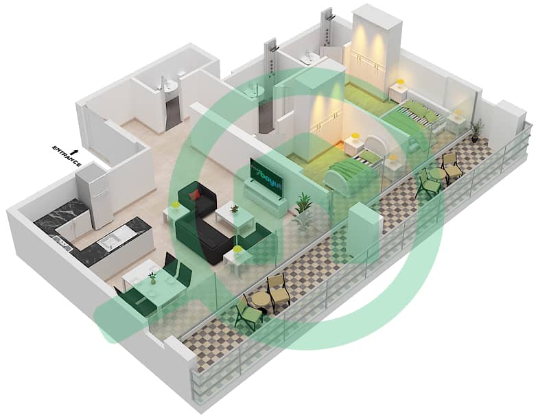 المخططات الطابقية لتصميم النموذج X شقة 2 غرفة نوم - الواحة ريزيدنس 2 interactive3D