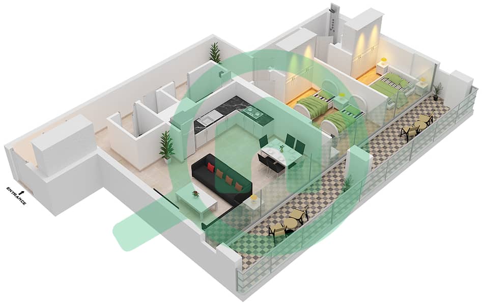 المخططات الطابقية لتصميم النموذج X1 شقة 2 غرفة نوم - الواحة ريزيدنس 2 interactive3D