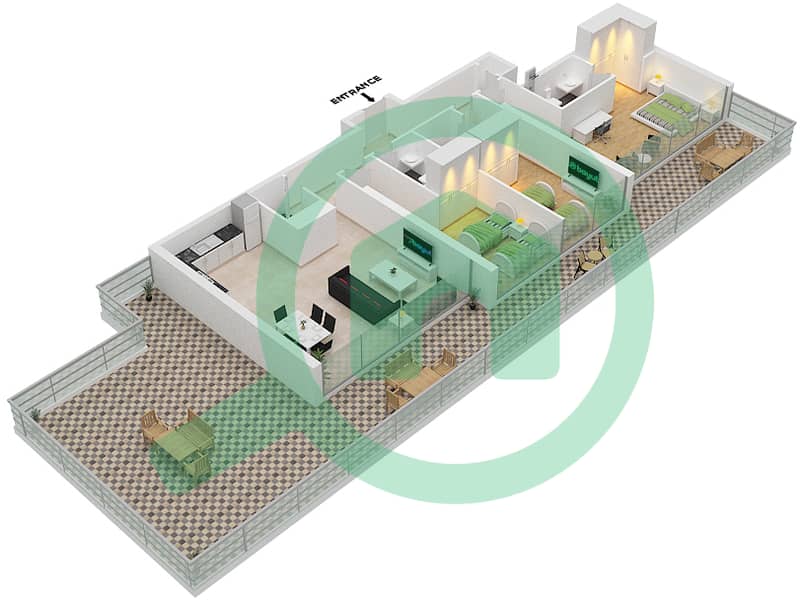 المخططات الطابقية لتصميم النموذج X2 شقة 3 غرف نوم - الواحة ريزيدنس 2 interactive3D