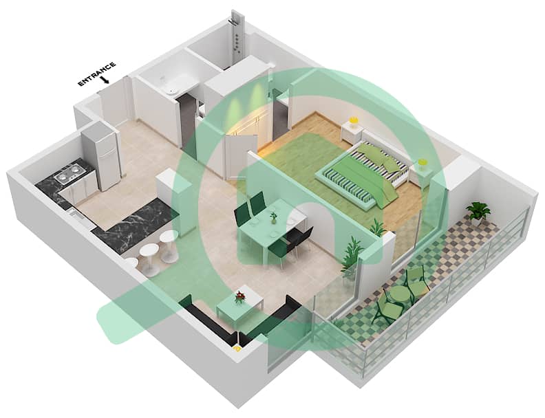 المخططات الطابقية لتصميم النموذج / الوحدة D-14 شقة 1 غرفة نوم - مرتفعات المروة Floor 2-9 interactive3D