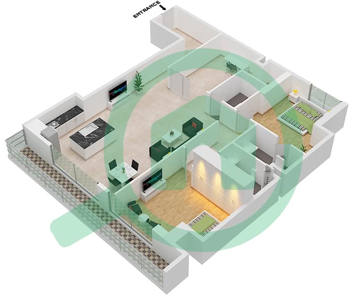 Марва Хайтс - Апартамент 2 Cпальни планировка Тип/мера E-11 Floor 2-9 interactive3D