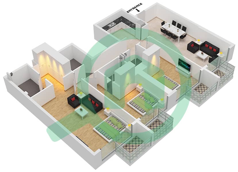 Marwa Heights - 3 Bedroom Apartment Type/unit A-2 Floor plan Floor 2-9 interactive3D