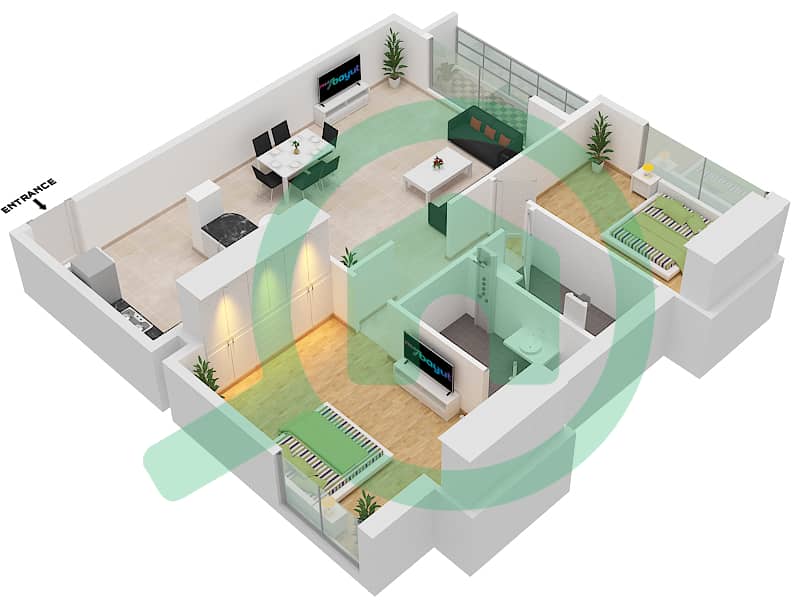 المخططات الطابقية لتصميم النموذج / الوحدة C-7 شقة 2 غرفة نوم - مرتفعات المروة Floor 2-9 interactive3D