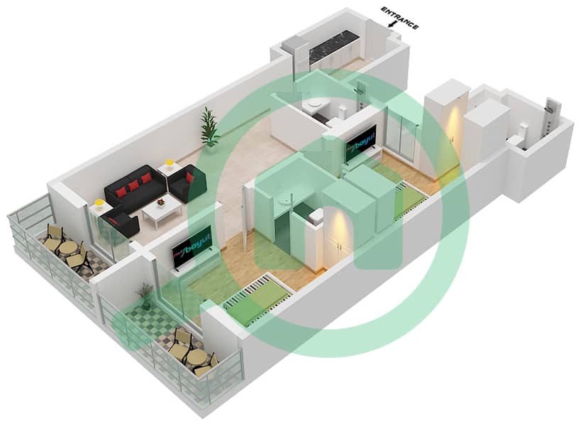 المخططات الطابقية لتصميم النموذج / الوحدة D-9 شقة 2 غرفة نوم - مرتفعات المروة Floor 2-9 interactive3D