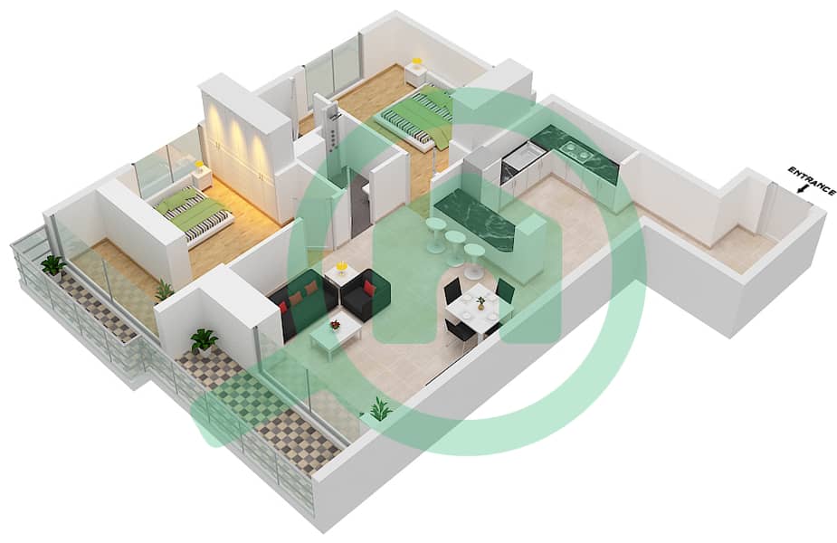 المخططات الطابقية لتصميم النموذج / الوحدة A-1 شقة 2 غرفة نوم - مرتفعات المروة Floor 2-9 interactive3D