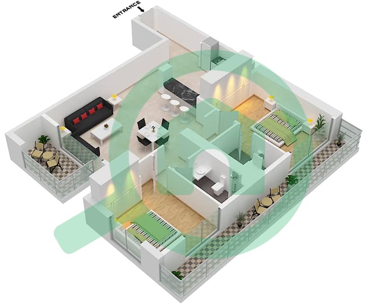 المخططات الطابقية لتصميم النموذج / الوحدة B-3 شقة 2 غرفة نوم - مرتفعات المروة Floor 2-9 interactive3D