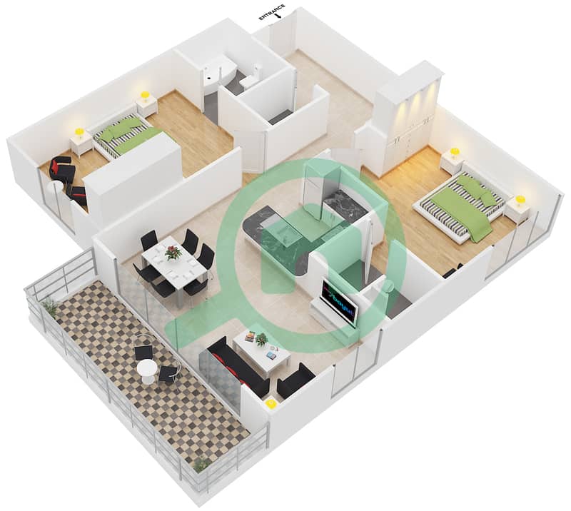 德兹雷公寓 - 2 卧室公寓类型1戶型图 interactive3D