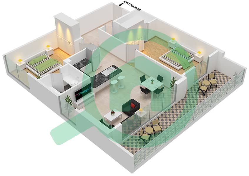 المخططات الطابقية لتصميم الوحدة 511 شقة 2 غرفة نوم - مساكن ديزاير First Floor interactive3D