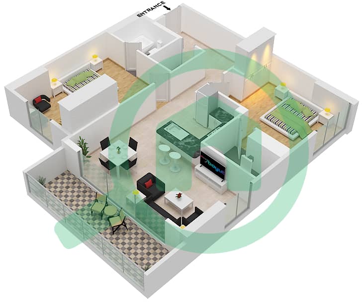 德兹雷公寓 - 2 卧室公寓单位601戶型图 Floor 2-9 interactive3D