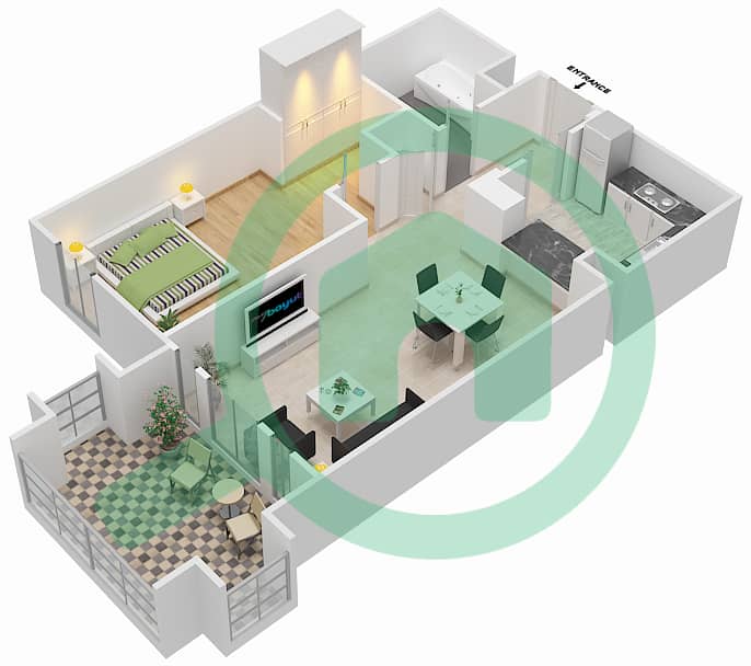 المخططات الطابقية لتصميم الوحدة 1 / FLOOR 1 شقة 1 غرفة نوم - زعفران 5 Floor 1 interactive3D