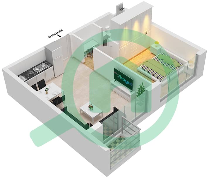 المخططات الطابقية لتصميم النموذج / الوحدة B2/6  FLOOR 21 شقة 1 غرفة نوم - أبراج التنين interactive3D