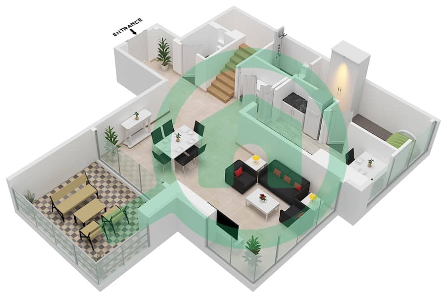 迪拜SLS酒店公寓 - 2 卧室公寓类型C-DUPLEX戶型图 Lower Level interactive3D