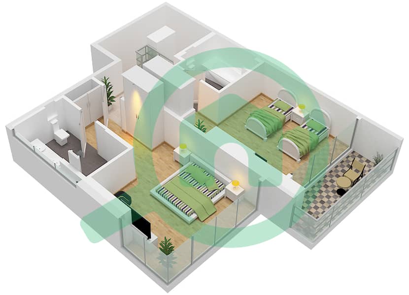 迪拜SLS酒店公寓 - 2 卧室公寓类型C-DUPLEX戶型图 Upper Level interactive3D