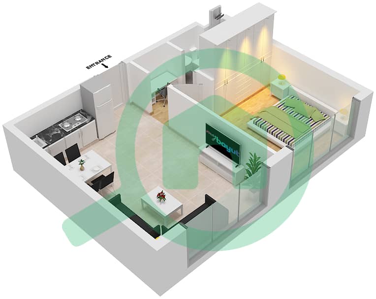 المخططات الطابقية لتصميم النموذج / الوحدة B2/8  FLOOR 6 شقة 1 غرفة نوم - أبراج التنين interactive3D
