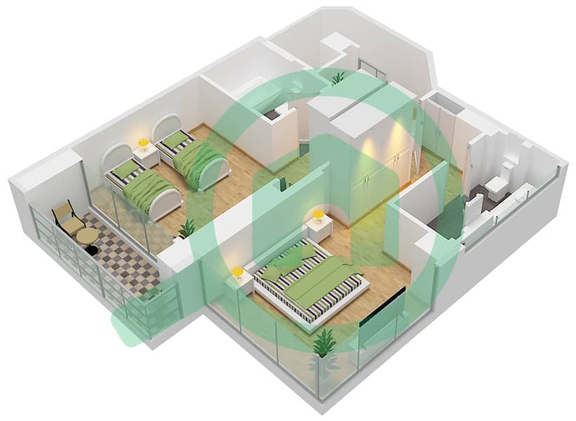 迪拜SLS酒店公寓 - 2 卧室公寓类型D-DUPLEX戶型图 Upper Level interactive3D