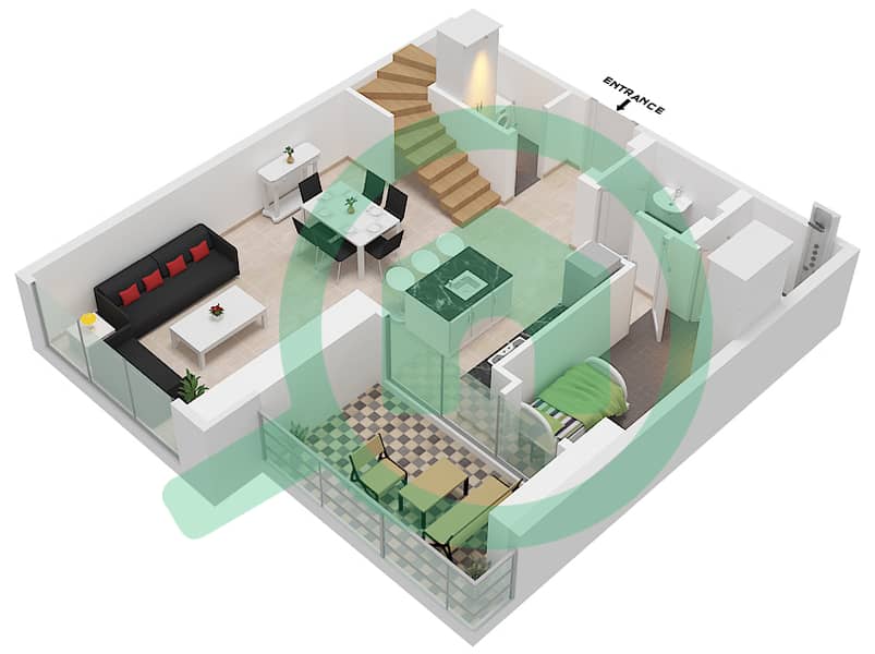 迪拜SLS酒店公寓 - 2 卧室公寓类型E-DUPLEX戶型图 Lower Level interactive3D