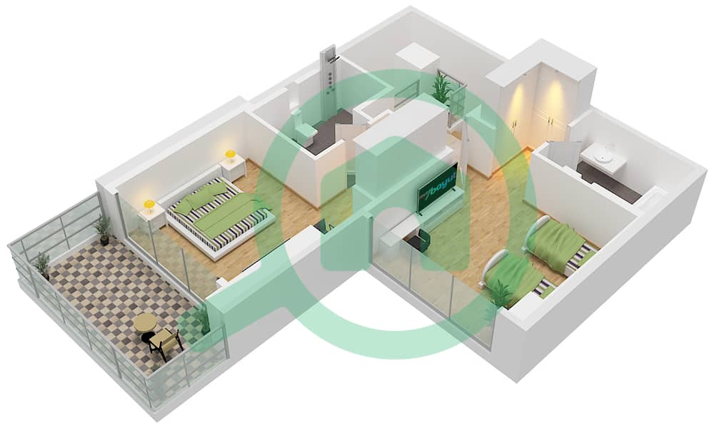 迪拜SLS酒店公寓 - 2 卧室公寓类型E-DUPLEX戶型图 Upper Level interactive3D