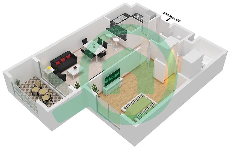 المخططات الطابقية لتصميم النموذج A شقة 1 غرفة نوم - أنسام 4 interactive3D