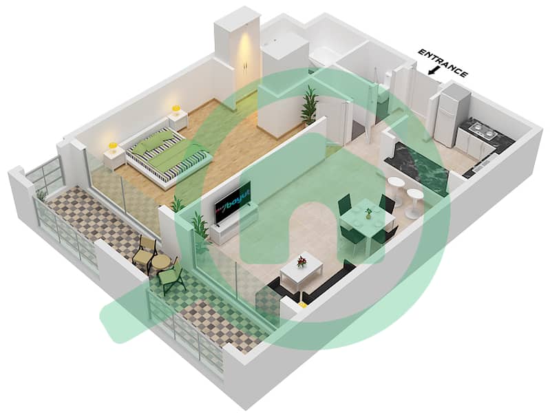 المخططات الطابقية لتصميم النموذج B شقة 1 غرفة نوم - أنسام 4 interactive3D