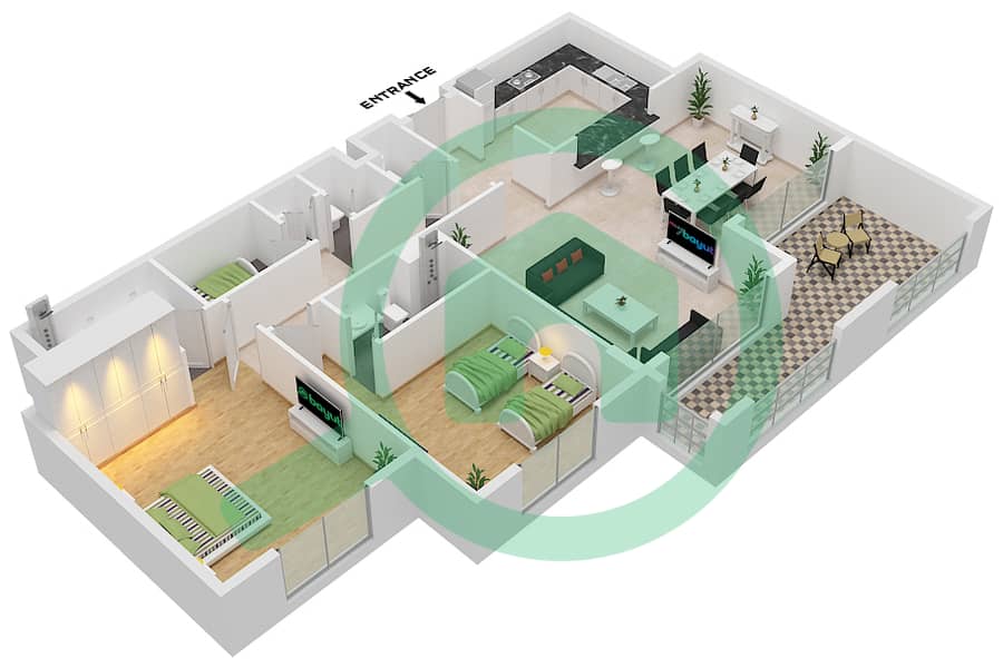 المخططات الطابقية لتصميم النموذج B شقة 2 غرفة نوم - أنسام 4 interactive3D