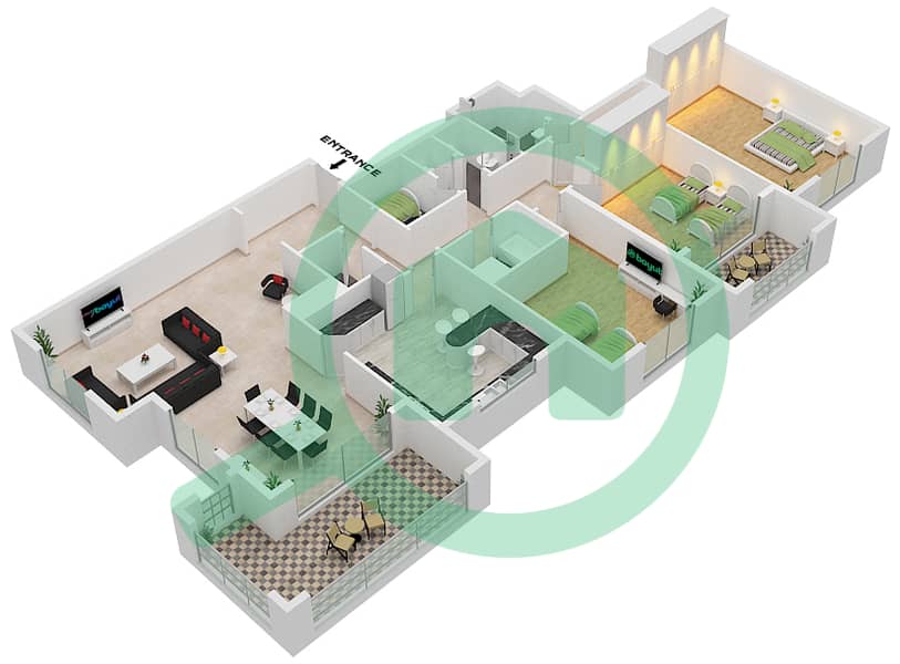 Ансам 4 - Апартамент 3 Cпальни планировка Тип A interactive3D