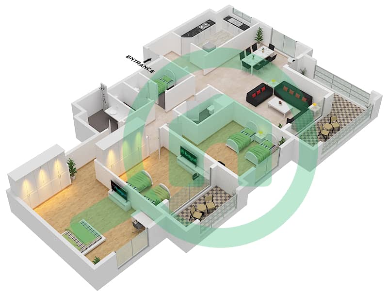 المخططات الطابقية لتصميم النموذج C شقة 3 غرف نوم - أنسام 4 interactive3D