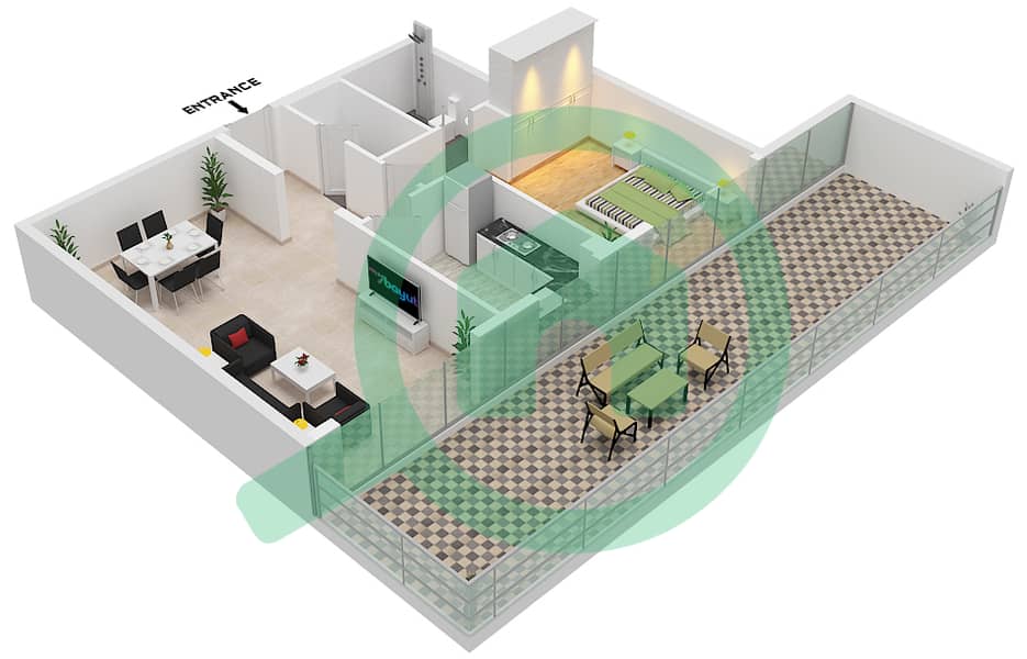 المخططات الطابقية لتصميم النموذج A شقة 1 غرفة نوم - الصياح ريزيدنس interactive3D