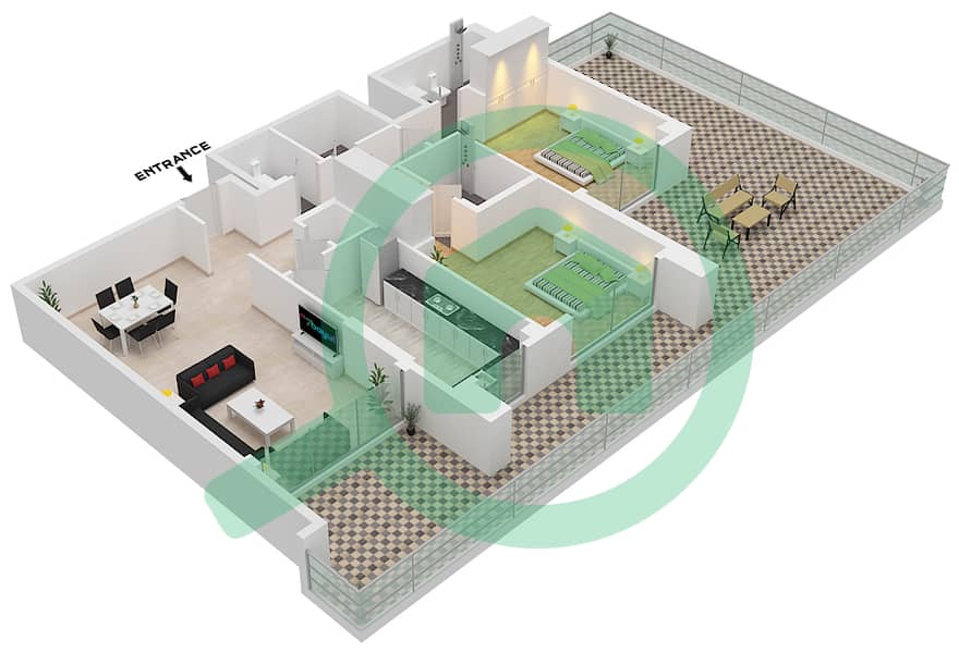 萨伊亚公寓 - 2 卧室公寓类型B戶型图 interactive3D