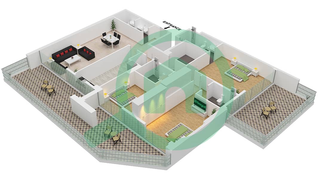 Al Sayyah Residence - 3 Bedroom Apartment Type C Floor plan interactive3D