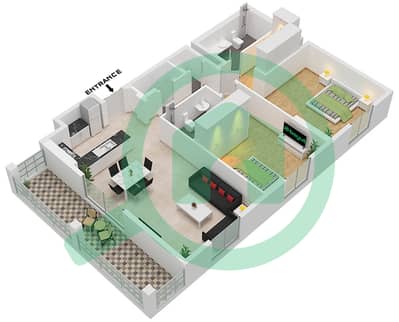 المخططات الطابقية لتصميم النموذج 1 شقة 2 غرفة نوم - برج لو سيل 2
