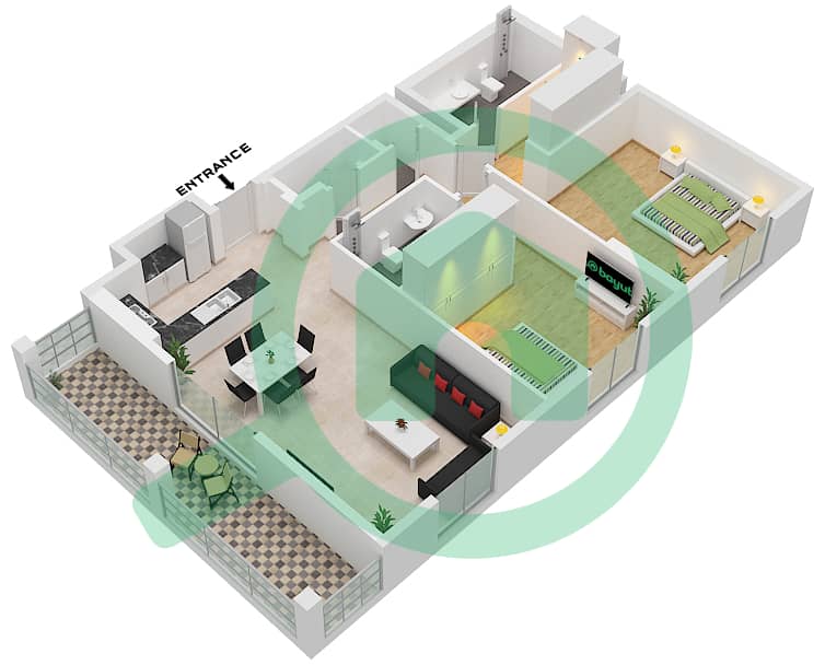 المخططات الطابقية لتصميم النموذج 1 شقة 2 غرفة نوم - برج لو سيل 2 Floor 1,2,3,4 interactive3D