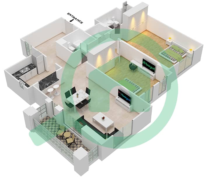 المخططات الطابقية لتصميم النموذج A2 (ASAYEL 2) شقة 2 غرفة نوم - أصايل Floor 1-5 interactive3D
