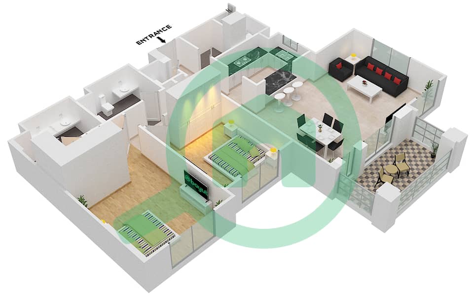 المخططات الطابقية لتصميم النموذج 2E (ASAYEL 2) شقة 2 غرفة نوم - أصايل Floor 1-3 interactive3D