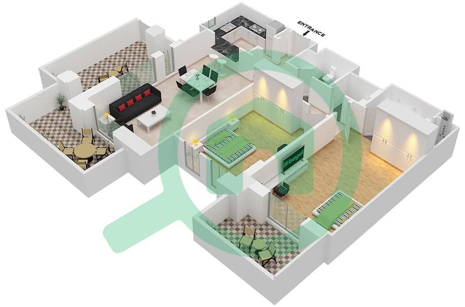 Асайель - Апартамент 2 Cпальни планировка Тип 1A2 (ASAYEL 2) Floor G interactive3D