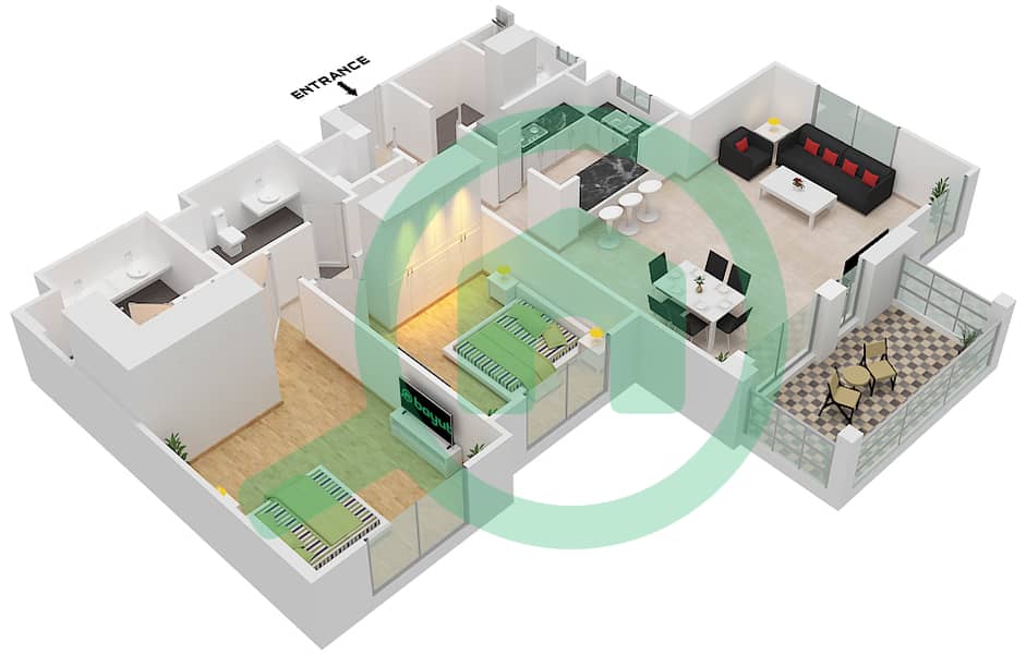 المخططات الطابقية لتصميم النموذج 4E (ASAYEL 2) شقة 2 غرفة نوم - أصايل Floor 2-5 interactive3D