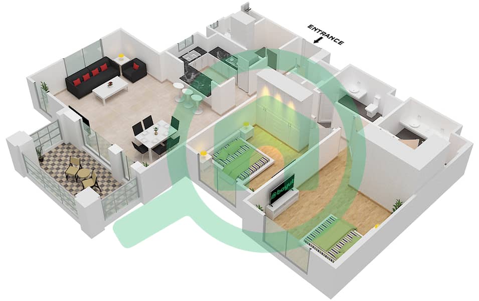 المخططات الطابقية لتصميم النموذج 5E (ASAYEL 2) شقة 2 غرفة نوم - أصايل Floor 2 interactive3D