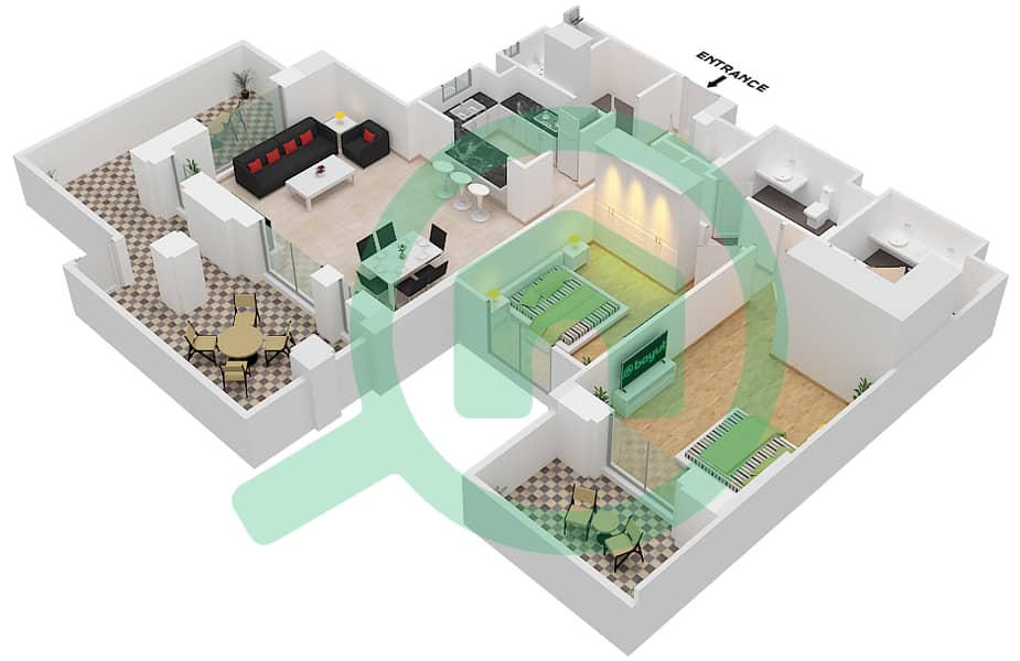 المخططات الطابقية لتصميم النموذج 7E (ASAYEL 2) شقة 2 غرفة نوم - أصايل Floor G interactive3D