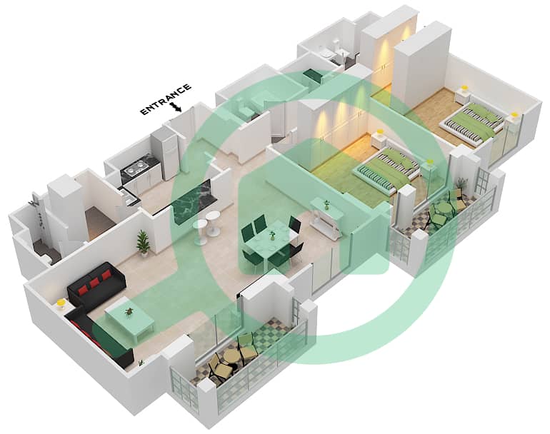 المخططات الطابقية لتصميم النموذج H (ASAYEL 2) شقة 2 غرفة نوم - أصايل Floor 6-7 interactive3D