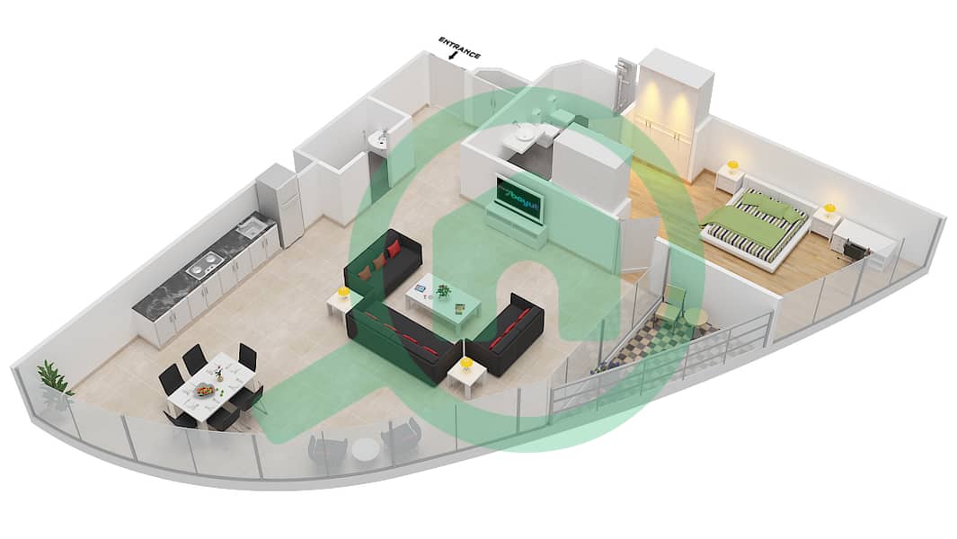 المخططات الطابقية لتصميم النموذج B شقة 1 غرفة نوم - برج بارك تاور B interactive3D