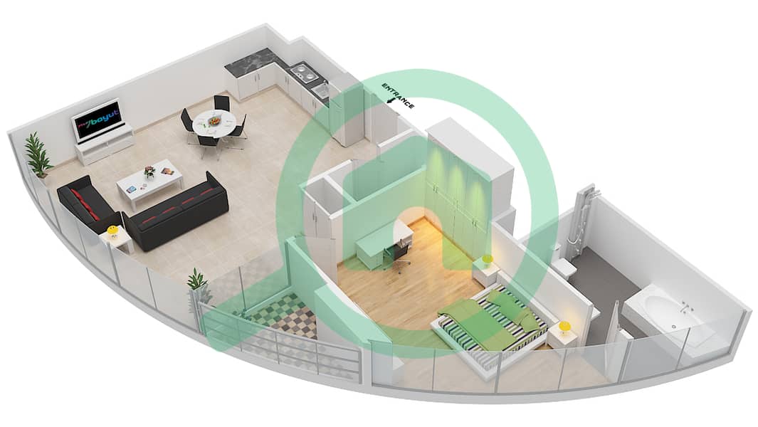 المخططات الطابقية لتصميم النموذج E شقة 1 غرفة نوم - برج بارك تاور B interactive3D